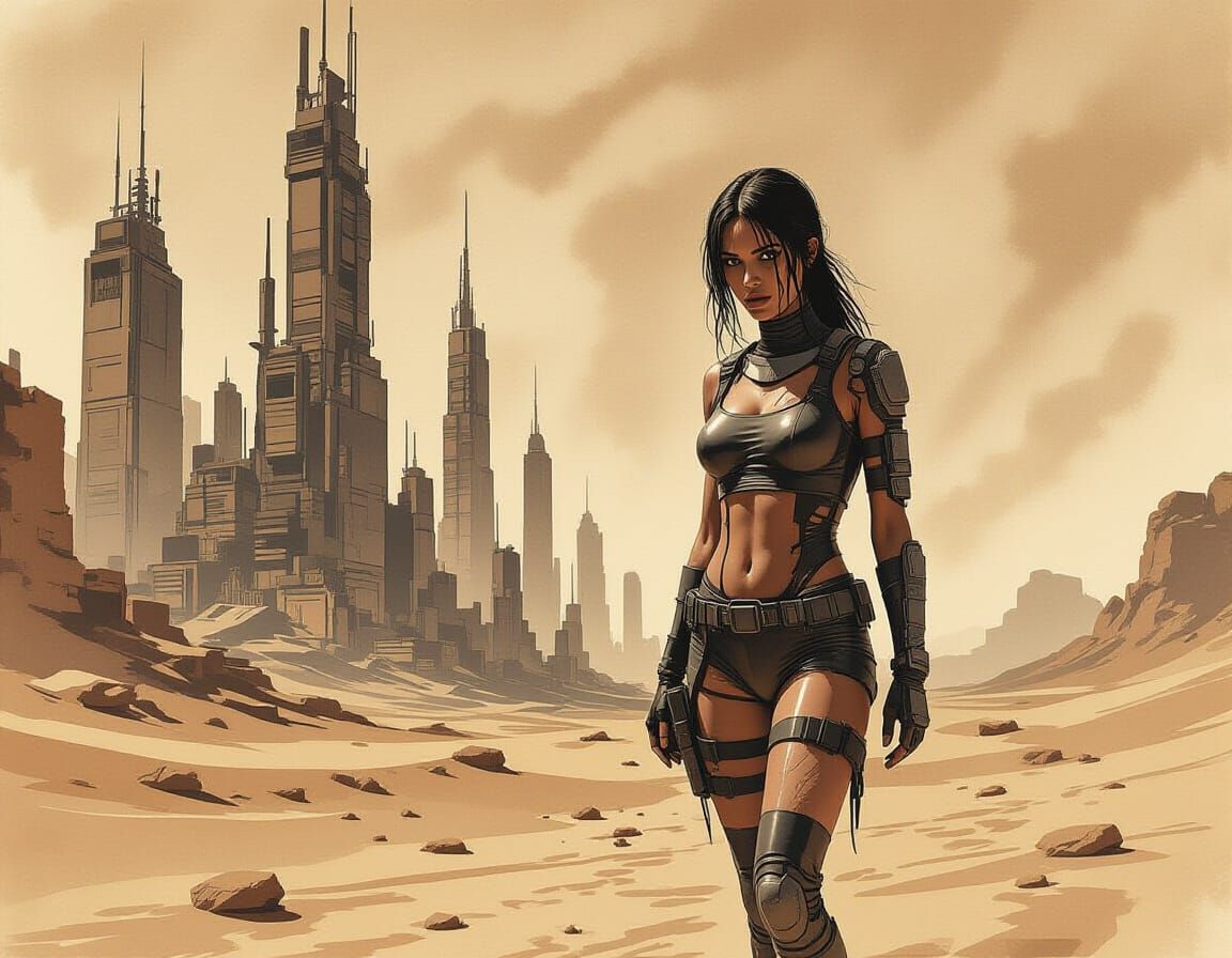 Woman in Scavenged Tech Desert City, Monochrome Chiaroscuro