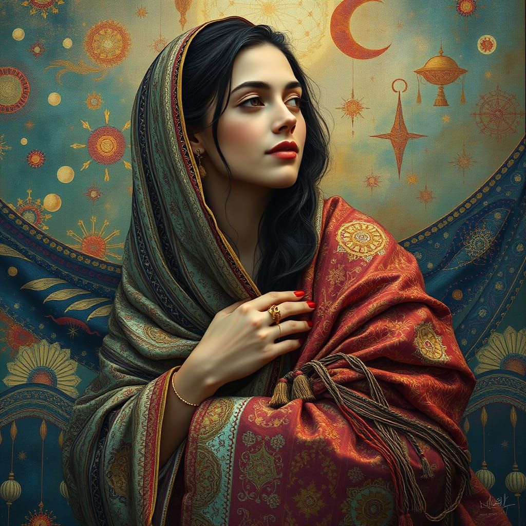 Enchanting, Ethereal Woman Weaves Cosmic Dreamscape