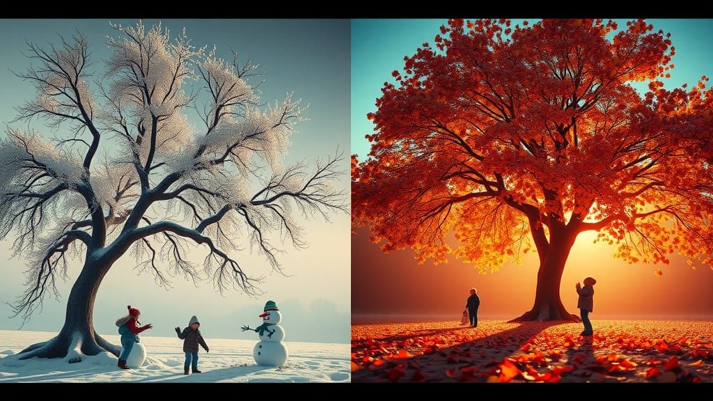 Vibrant Autumn Tree in Split Screen Style