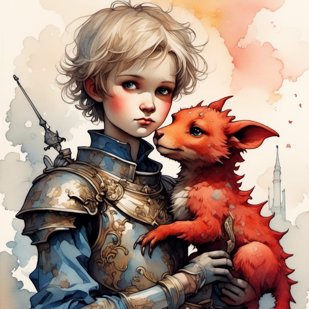Cute Knight with Dragon in Watercolor Style