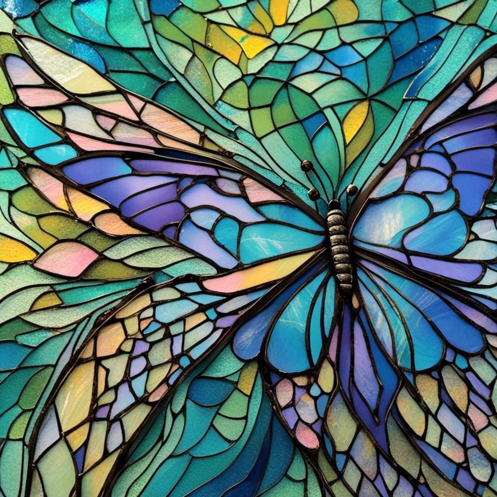 stained glass effect : profile of an elegant female butterfly whose wings are made of feather plumage in shades of laven...