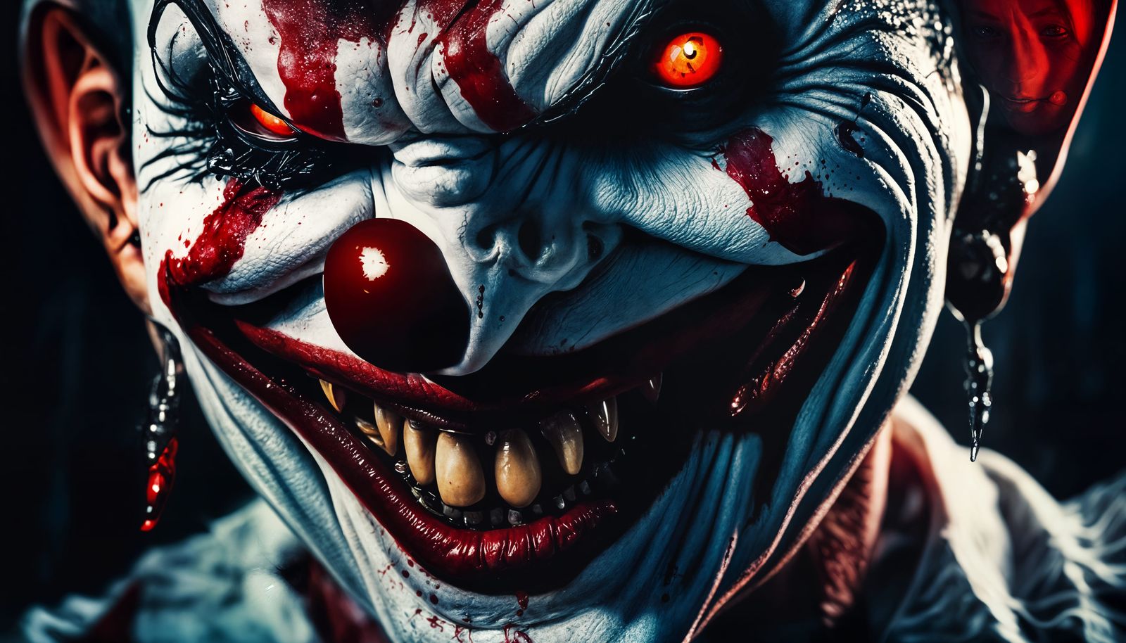 Cinematic Clown Portrait with Glowing Red Eyes