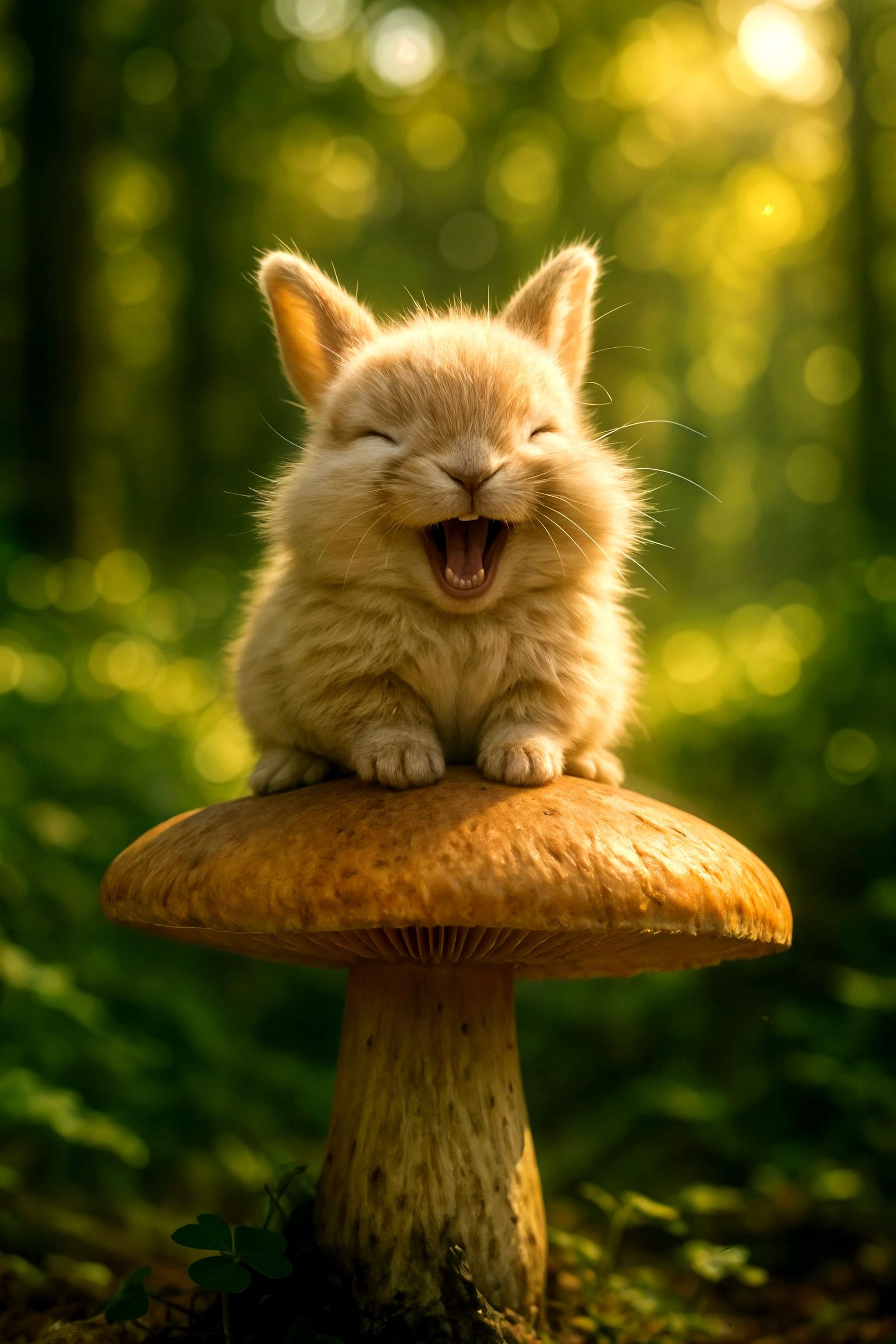 Laughing Bunny on Whimsical Mushroom in Forest Clearing