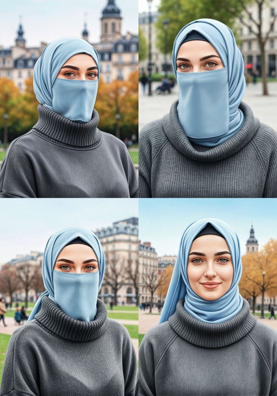 Elegant Hijabi Woman in Park, Color Pencil Painting