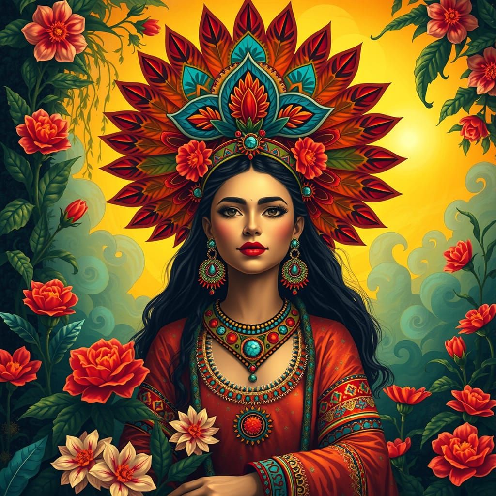 Mexica Goddess Xochiquetzal in Vibrant Headdress and Floral ...