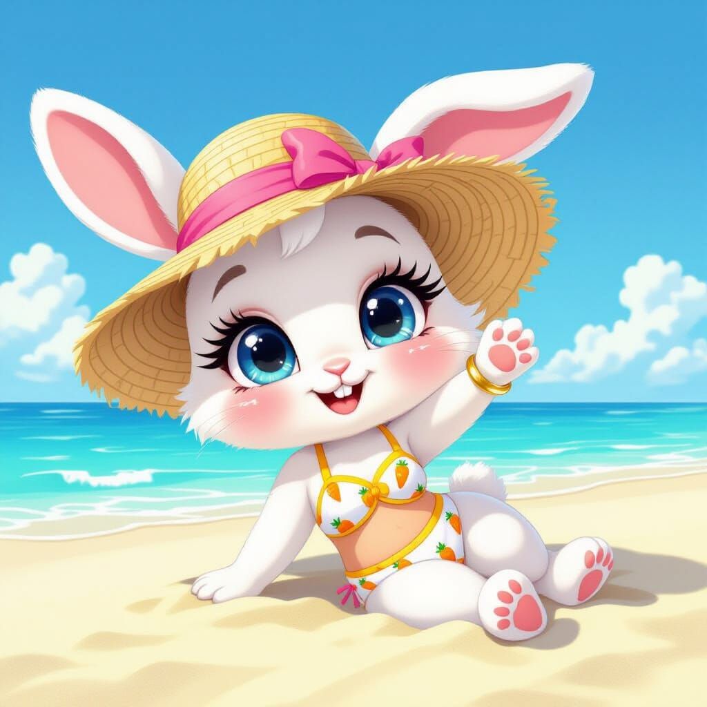 Cartoon Bunny on Beach in Cute Cartoon Style