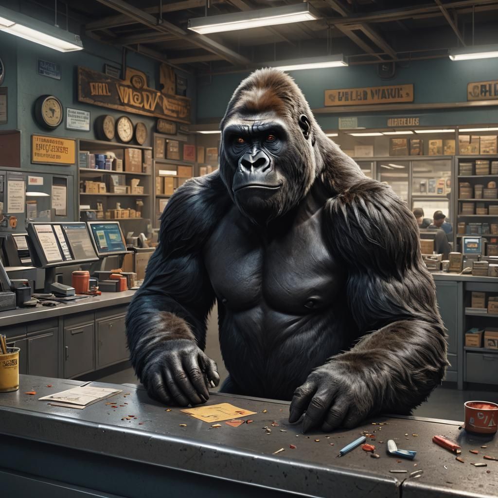 Gorilla Clerk at the DMV: Detailed Matte Painting
