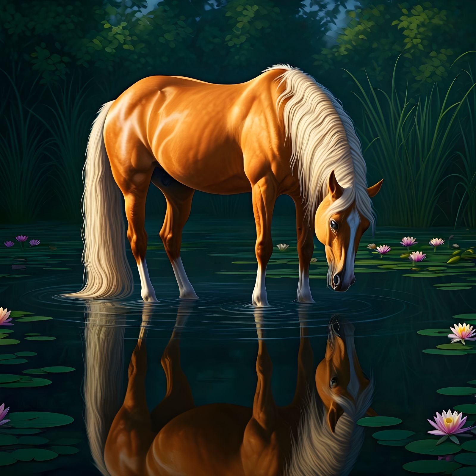 Reflection of a Palomino Horse in Lily Pond