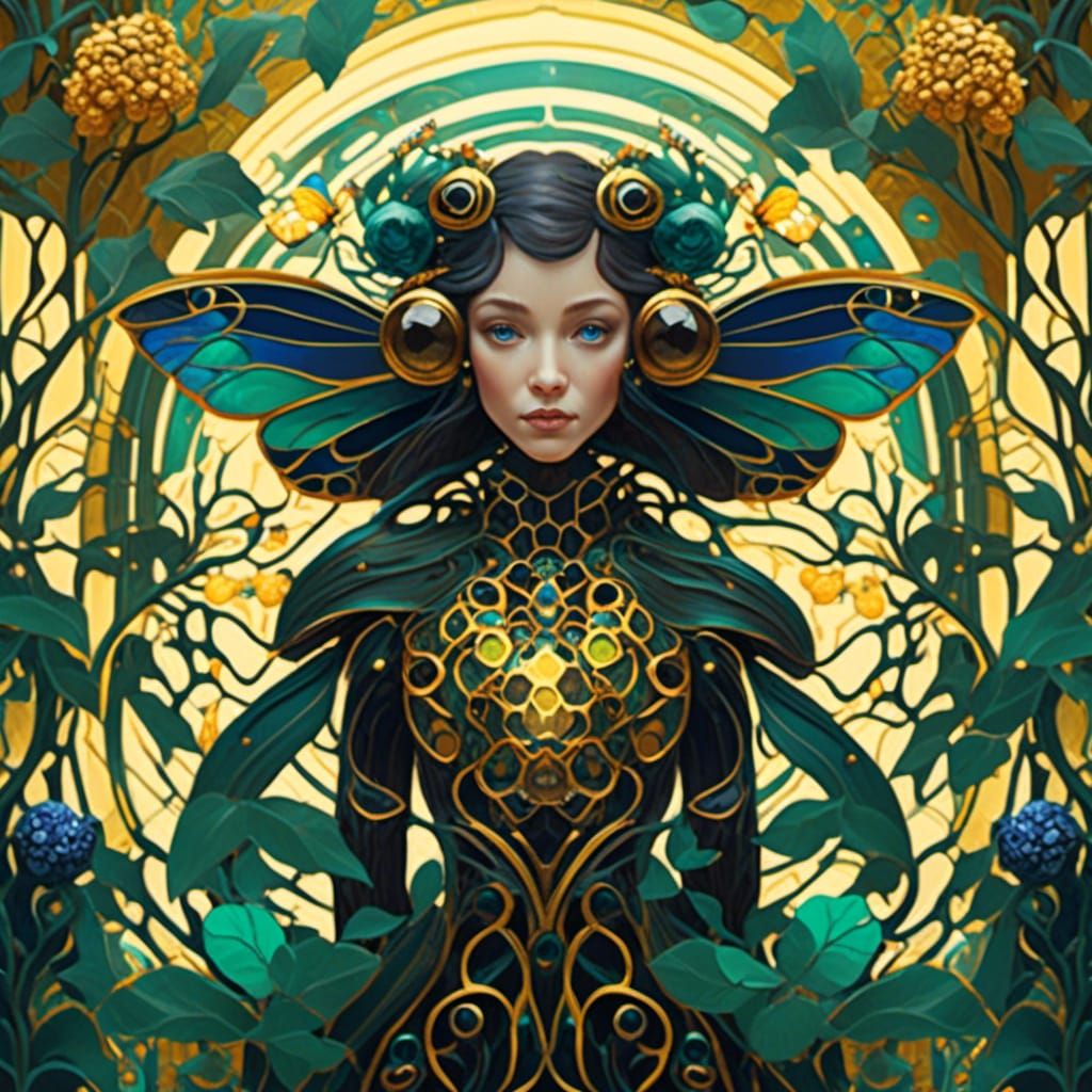 Art Nouveau Cyborg Honey Bee in Gemstones