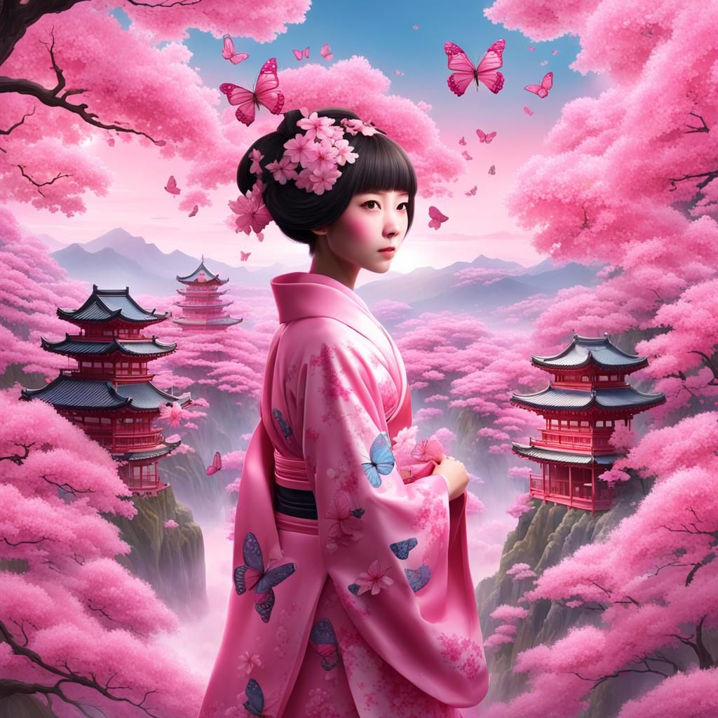 Pink Alien in Sakura Garden with Butterflies