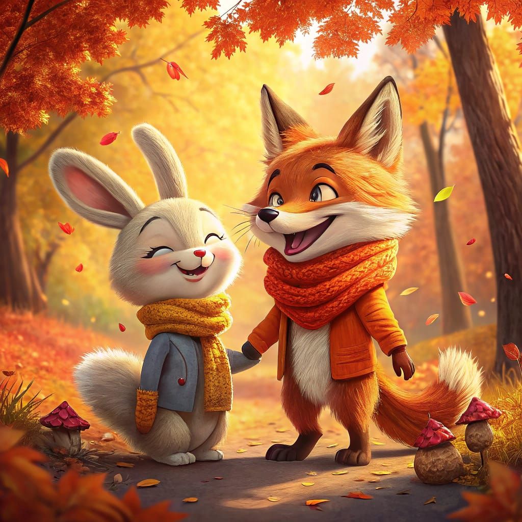 Whimsical Bunny and Fox in Autumn Forest, Pixar Style
