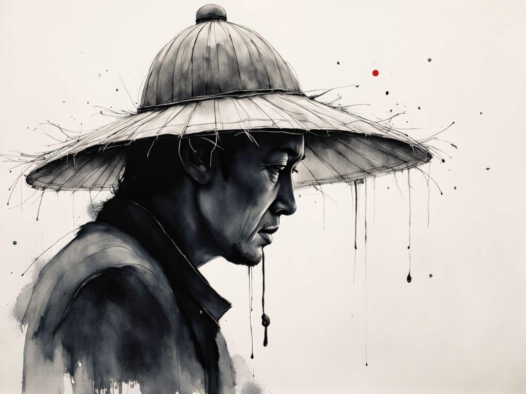 Chinese Man Portrait in Black and White Watercolor Sketch