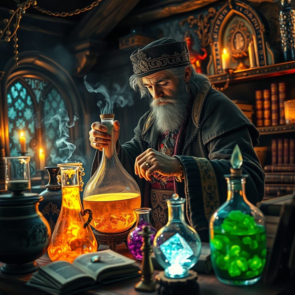 An enchanted alchemist, surrounded by bubbling flasks and ancient tomes, carefully mixing a glowing potion in a mystical...