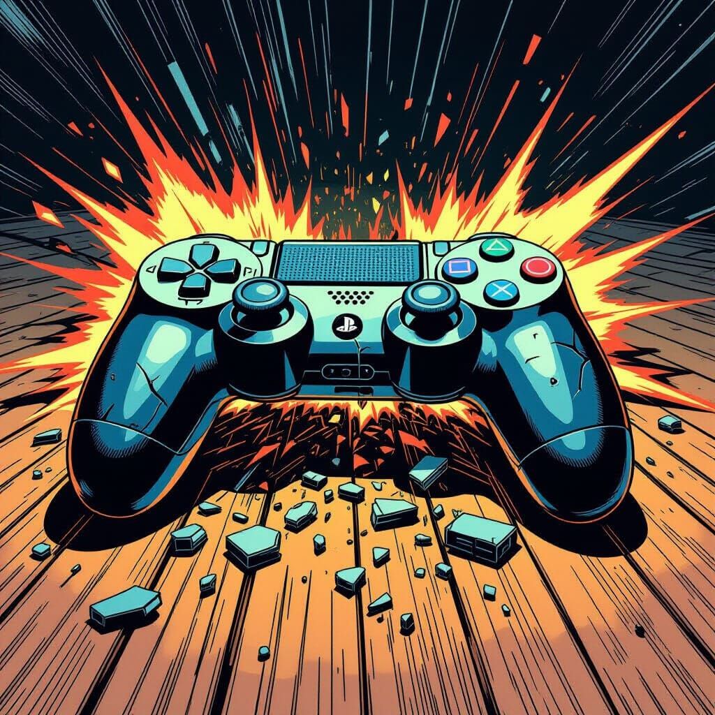 Broken Video Game Controller Art in Comic Style