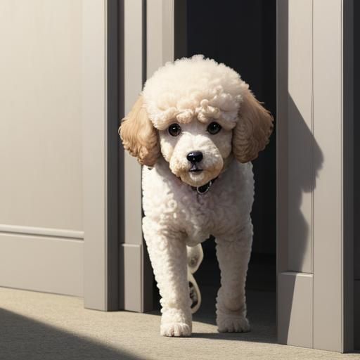 An innocent wide-eyed ghost poodle puppy sneaks and peeks ar...