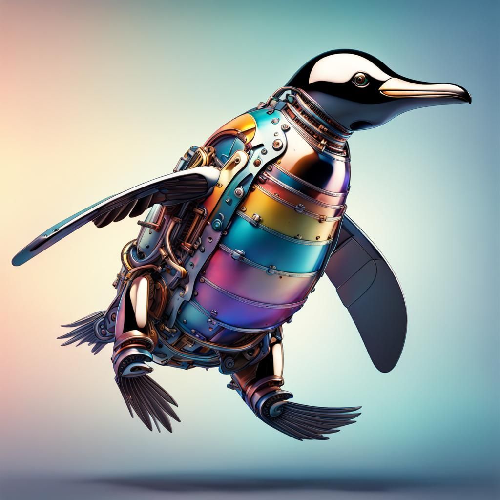 Mechanical Penguin in Flight: Hyperrealistic Digital Art
