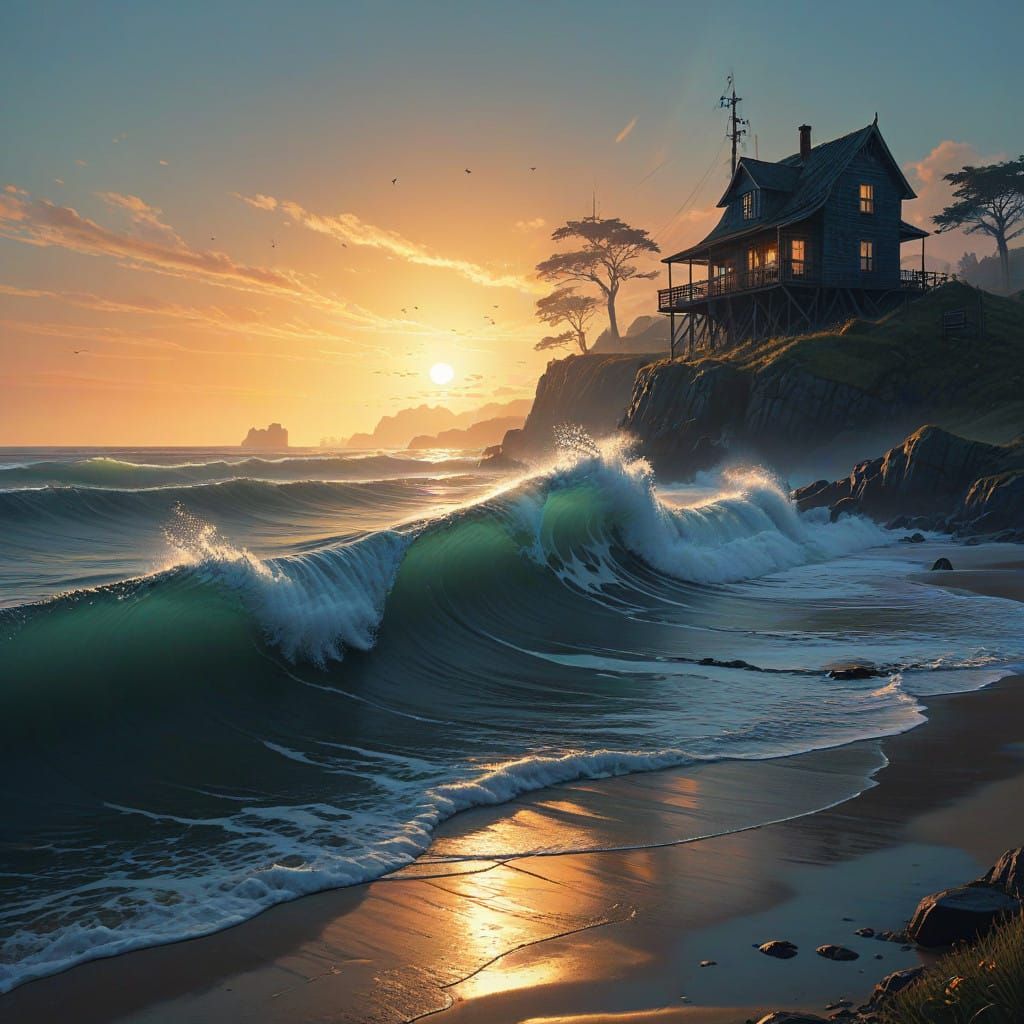 Breathtaking Sun-Kissed Dawn over the Ocean in Realistic Sty...
