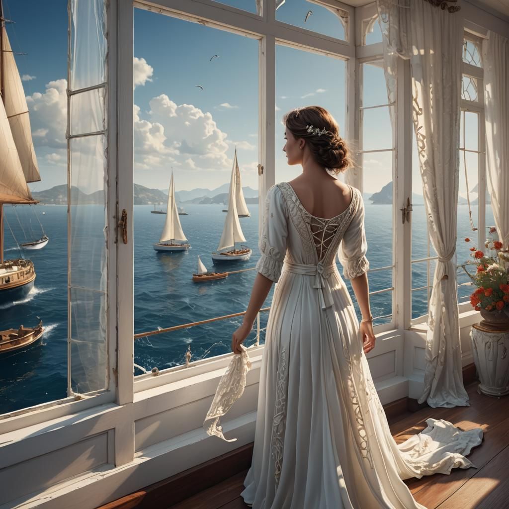 Woman in White Dress Opening Window to Sea