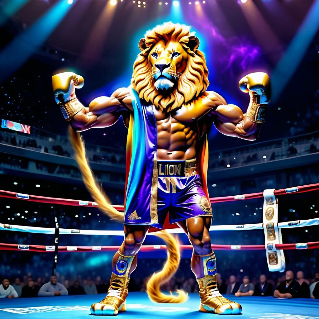 Cosmic Lion Boxing Champion in Hyperrealism