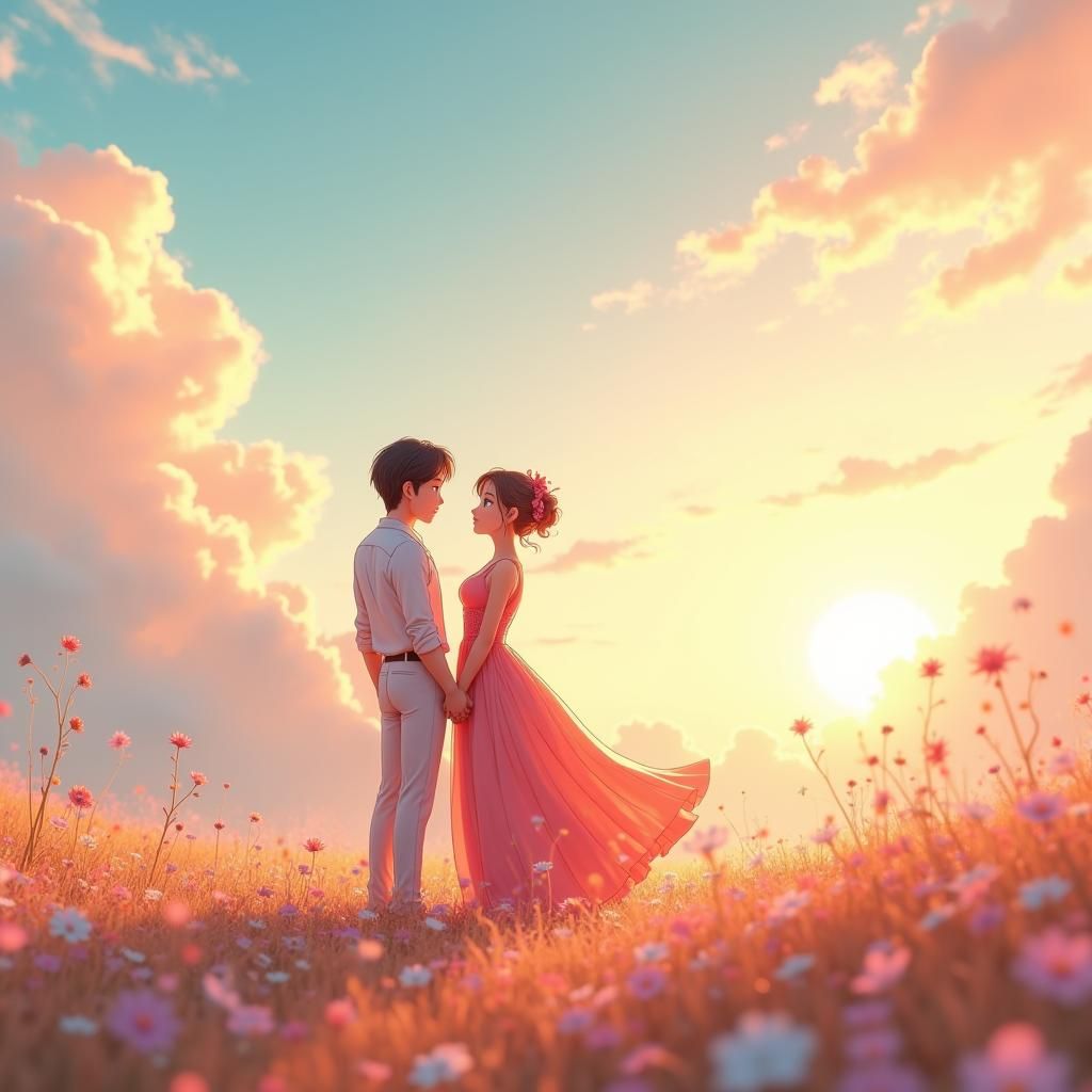 Anime Couple Gazing at Sky in Golden Light