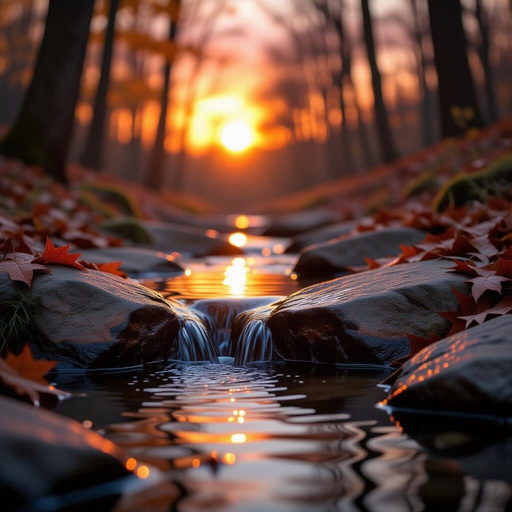 Autumn Sunset Over Forest Pool with Flowing Water
