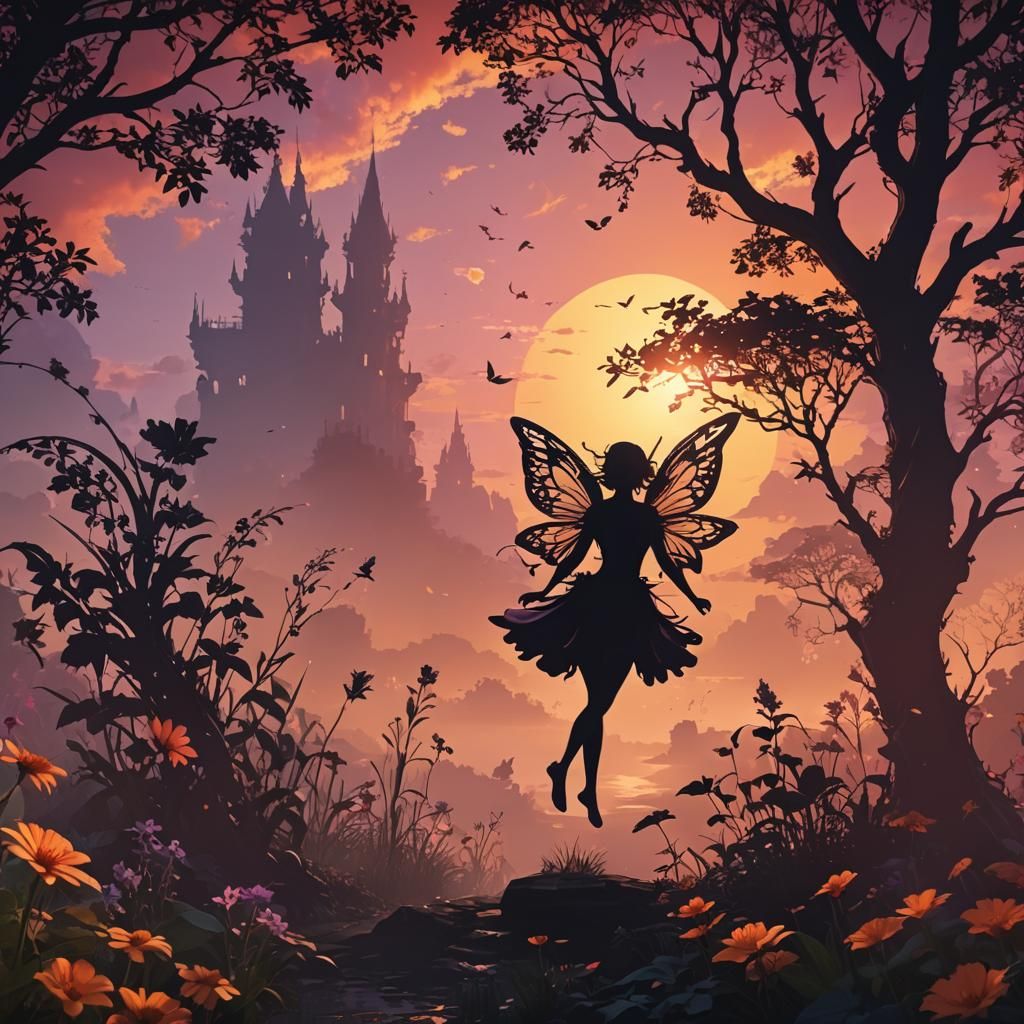 Silhouette Fairy Against Sunset: Fantasy Concept Art