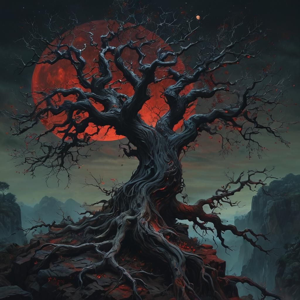 Dramatic Dark Fantasy Tree Under Blood Moon