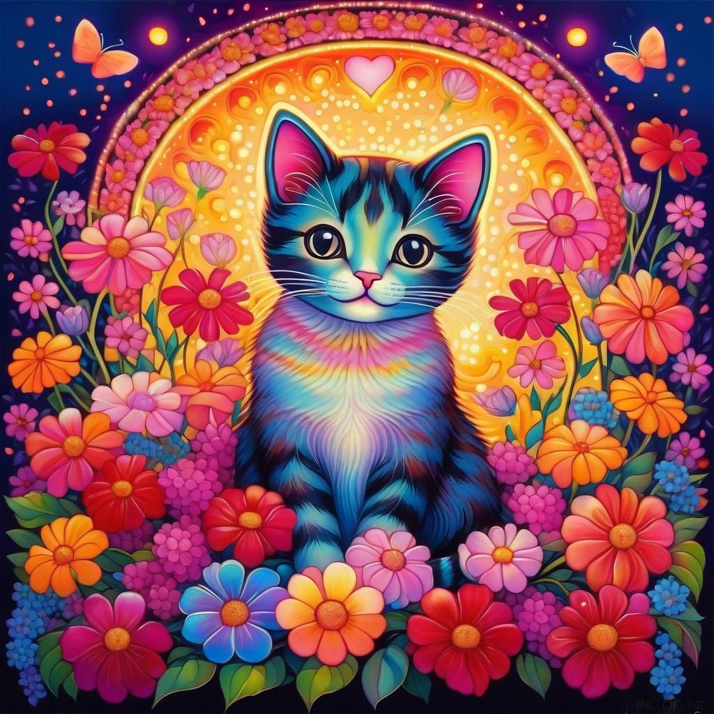 Cute Cat with Flowers in Visionary Style