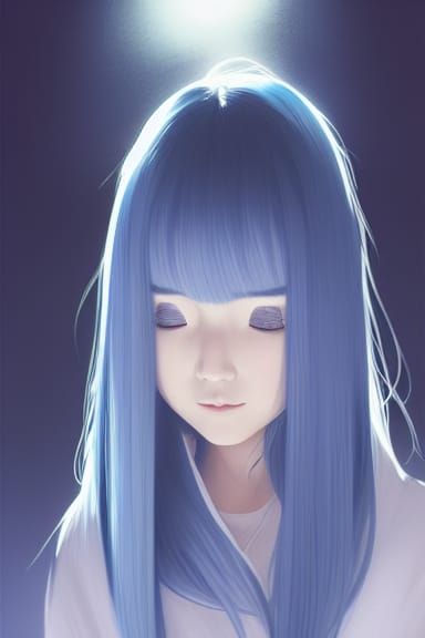 Cute Japanese Girl with Blue Hair, Anime Style