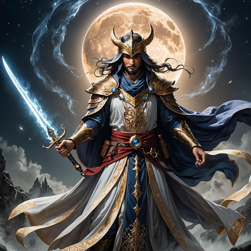 Battle Mage with Ornate Blade in Moonlight