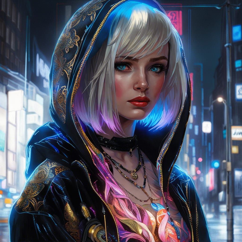 Gothic Girl with Sapphire Eyes in Neon Cityscape