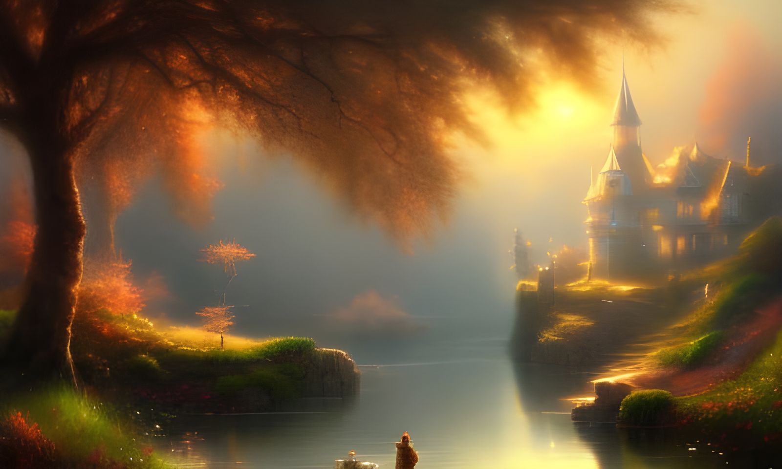 Fantasy Castle Overlooking Lake With Swans