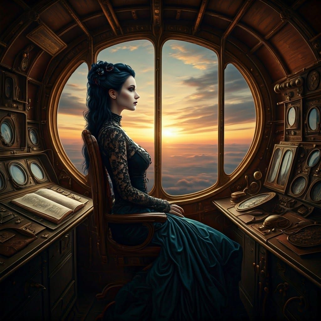 Gothic Woman in Zeppelin at Sunset, Steampunk Style
