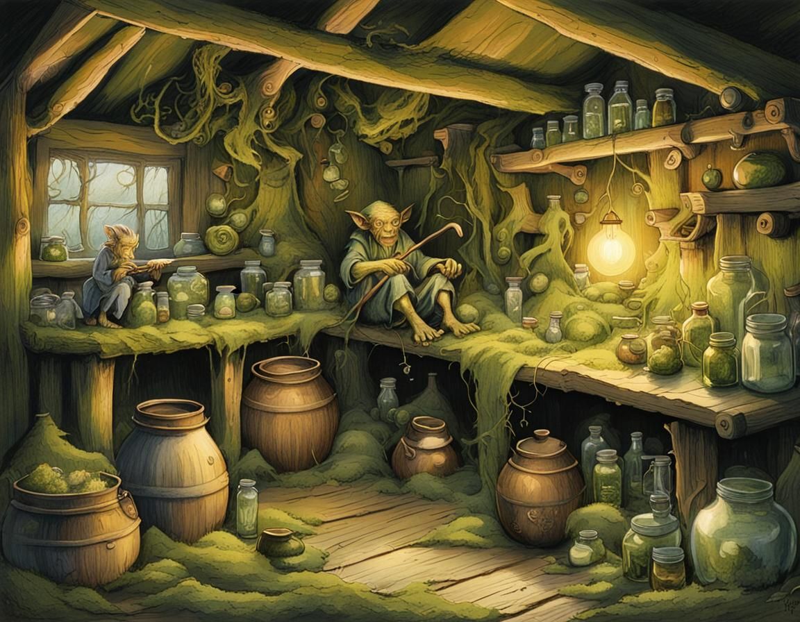 Cozy Goblin Hut in Whimsical Folk Art Style