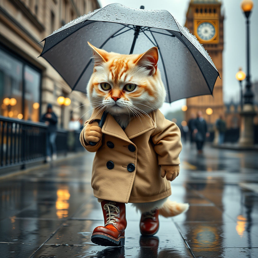 Anthropomorphic Cat in Burberry Coat Walks in Rain