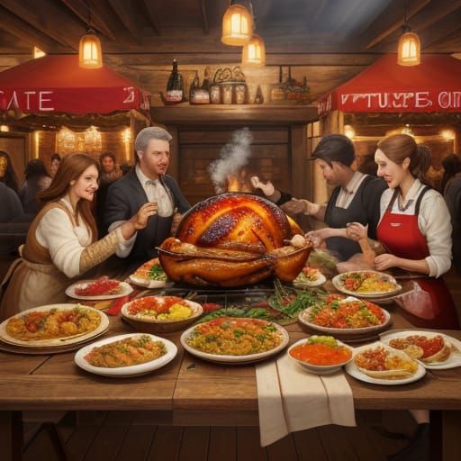 Vibrant Oil Painting of a Festive Food Feast