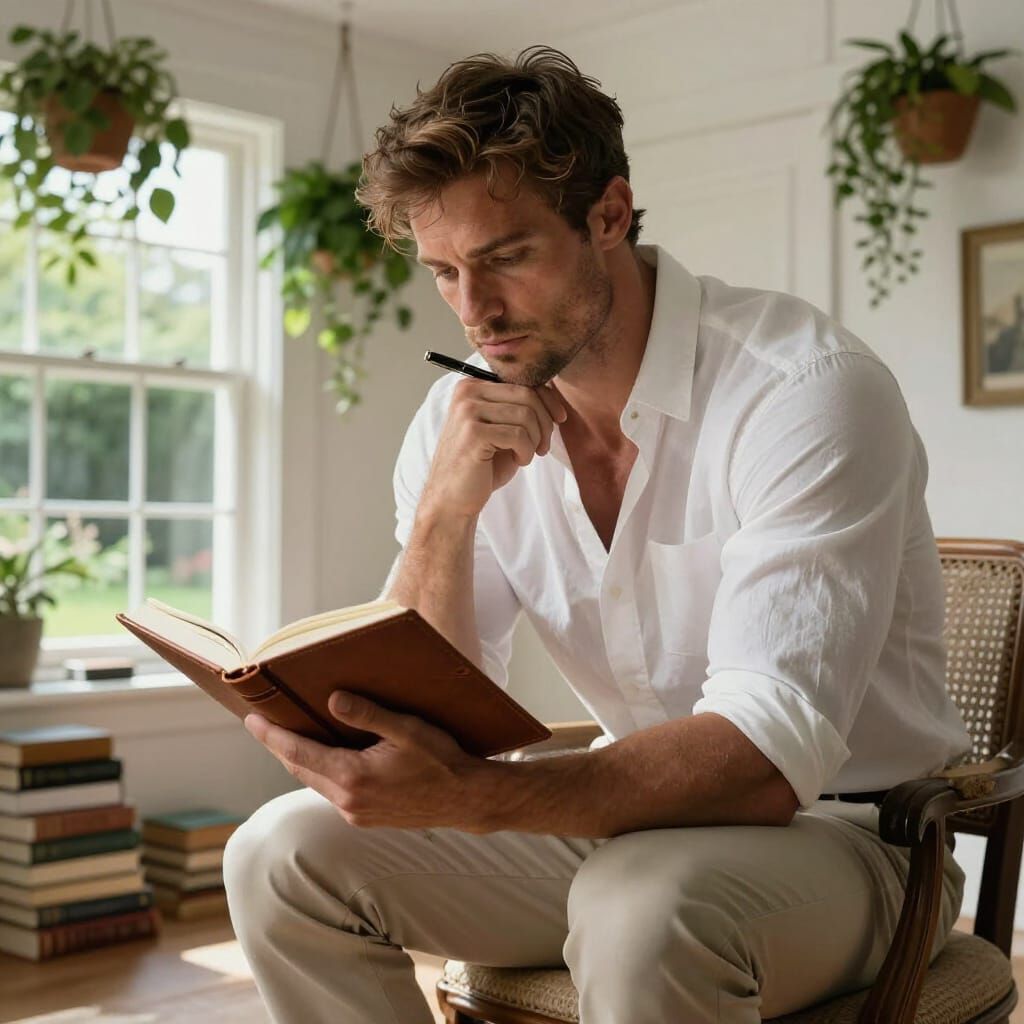 Muscular Man Poses as Thinker in Sunlit English Room