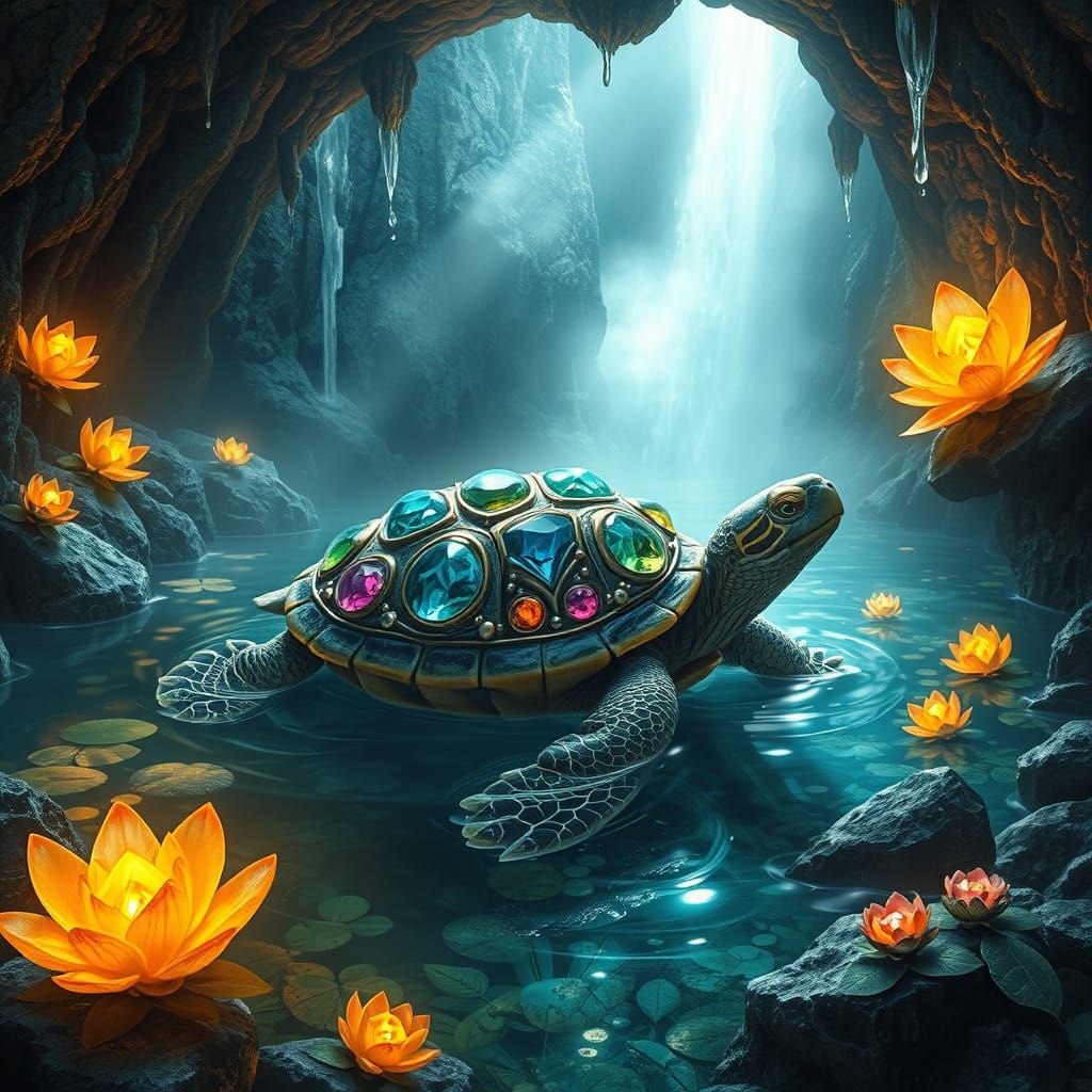 Gemstone Turtle in Luminous Grotto, Art Nouveau Style
