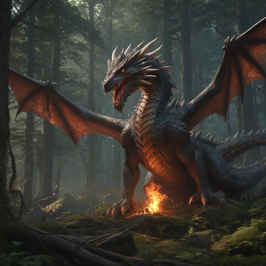 Majestic Fire Dragon in Dark Fantasy Art
