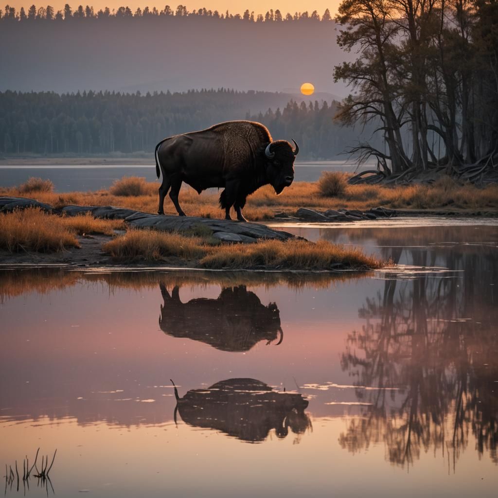 Buffalo at Sunset Lake Shimmers