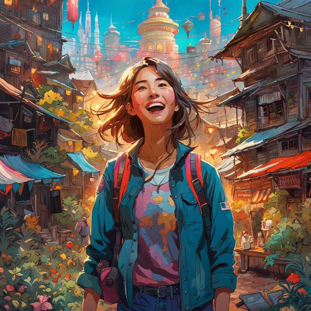 Happy Teen Woman in Vibrant Digital Collage Art