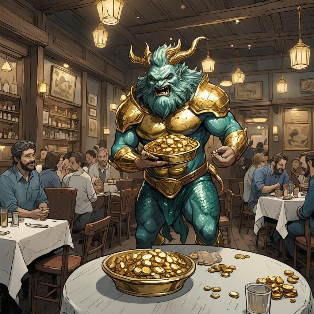 Merman Lifts Gold Ingot in Restaurant