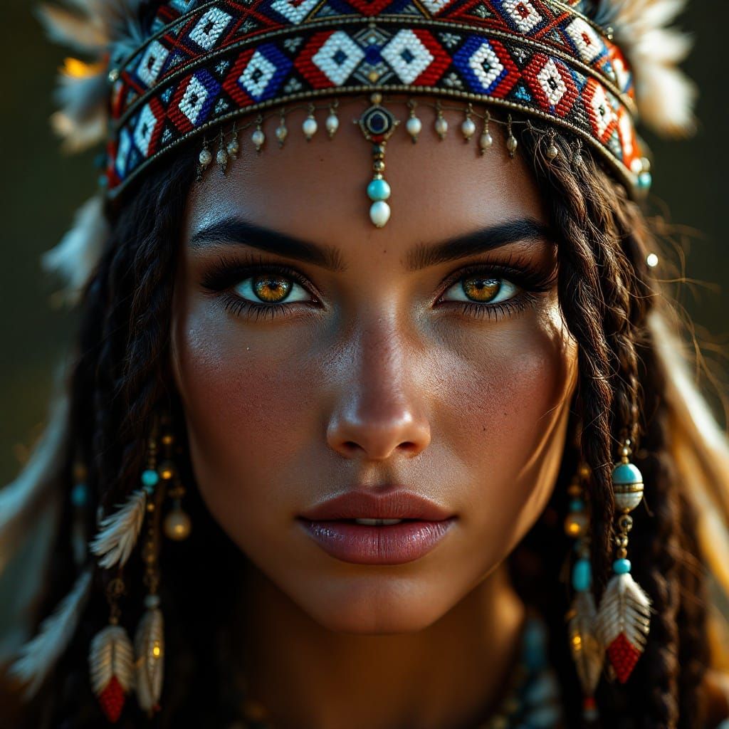 Native American Beauty in Vibrant Red and Blue Beadwork