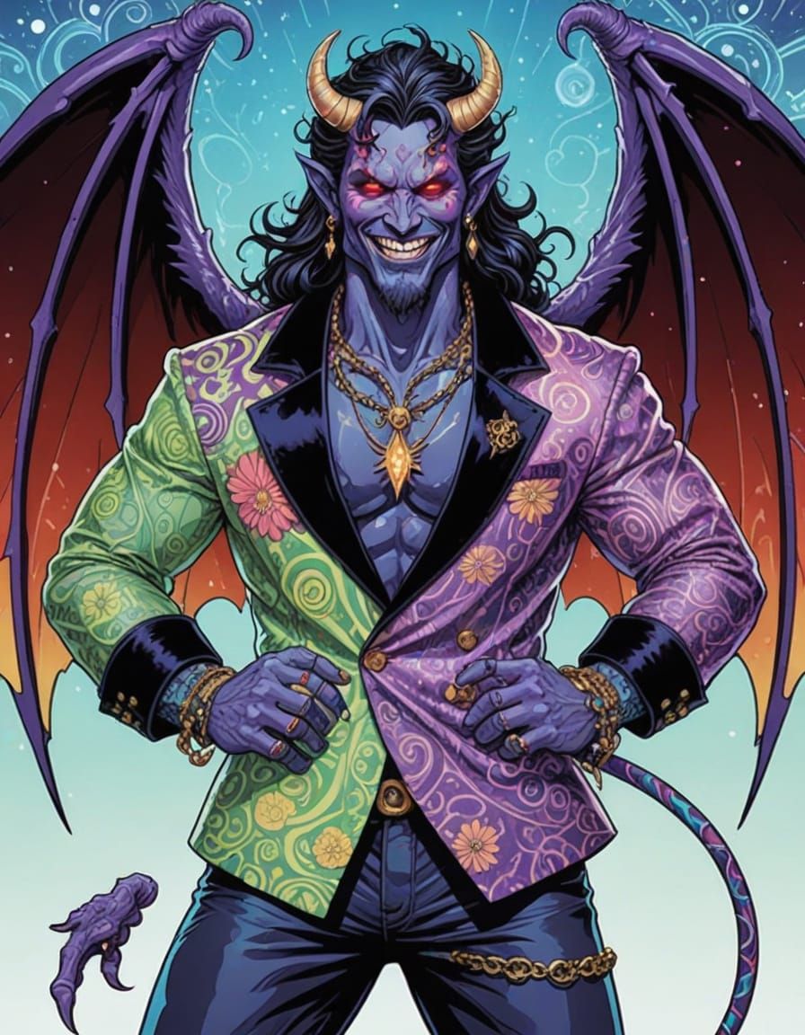 Dazzling Demon Man in Vibrant Fantasy Attire