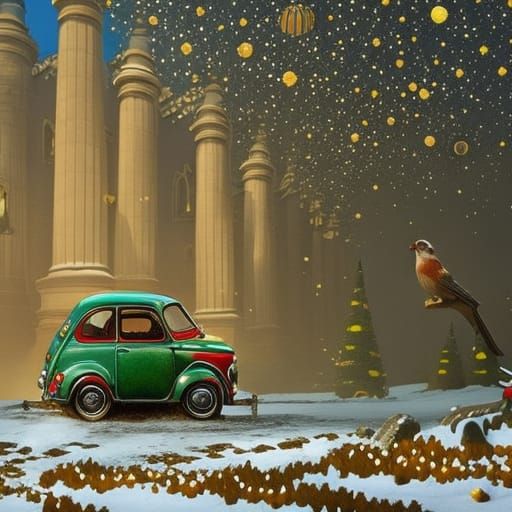 Fiat 500 with Christmas Tree in Action Painting Style