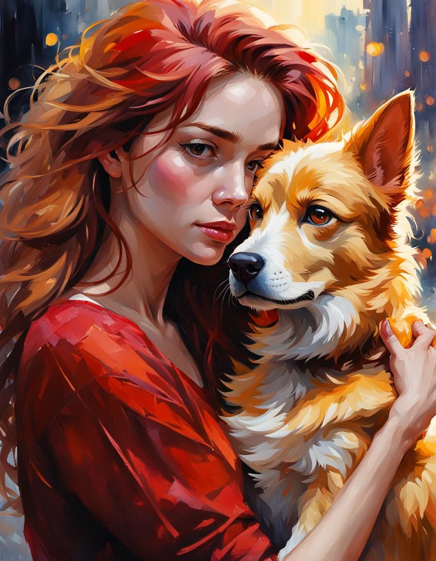 Sunset Shimmer Hugs Dog: Gouache and Watercolor Portrait