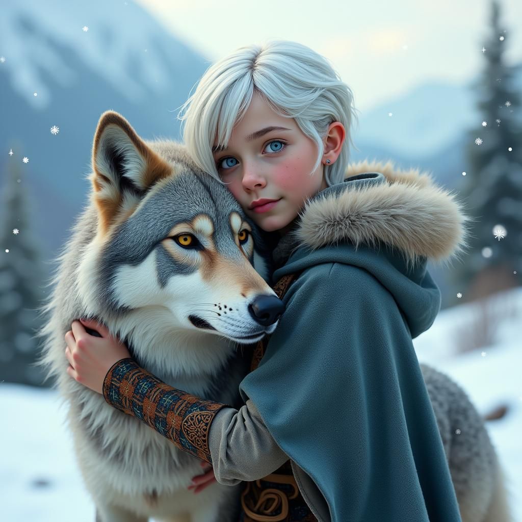 Celtic Maiden and Wolf in Winter Wonderland