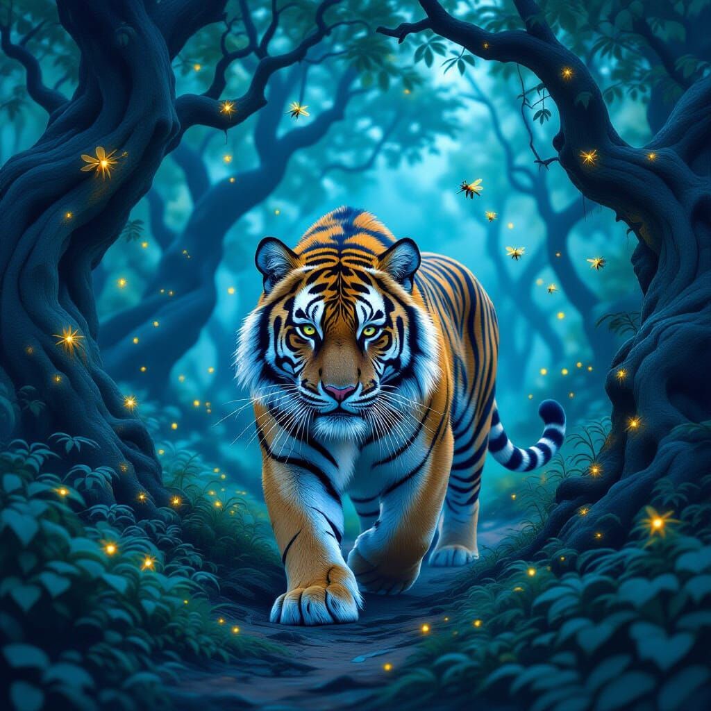 Bioluminescent Tiger in Ghibli-Inspired Digital Art