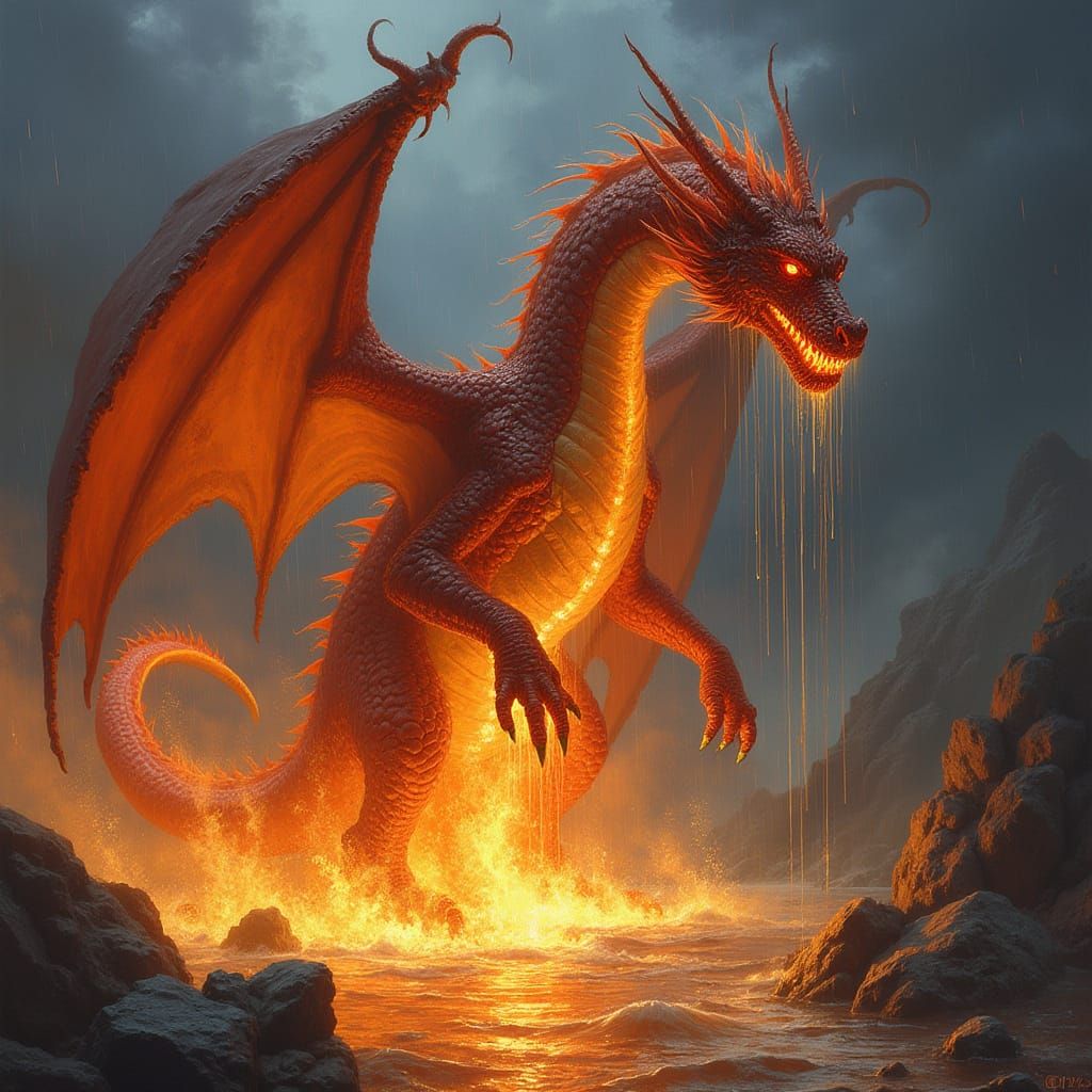 Fiery Dragon Raining in a Dark Fantasy Landscape