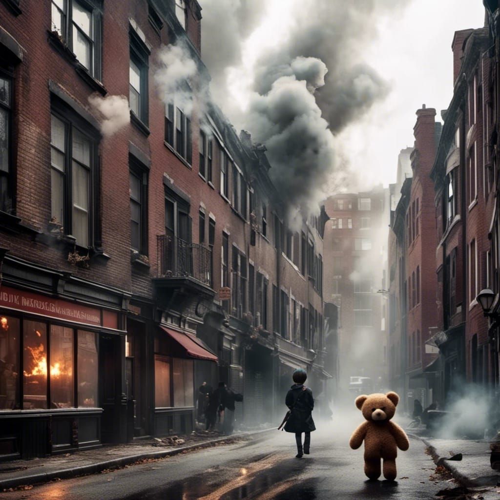 Dystopian 1776 Boston Street Scene with Boy